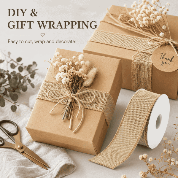 rustic natural jute tape – 5 cm x 5 m, perfect for diy, gift wrapping & home decor
