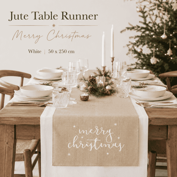 jute table runner merry christmas, white