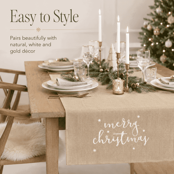 jute table runner merry christmas, white