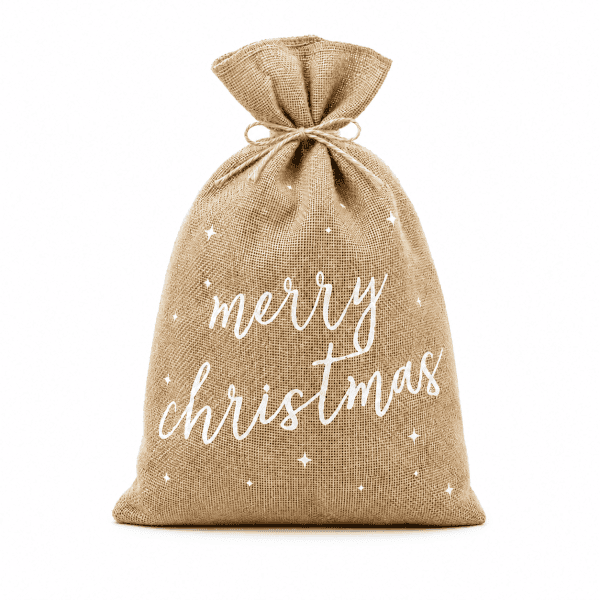 merry christmas jute gift sack – natural burlap christmas bag with twine
