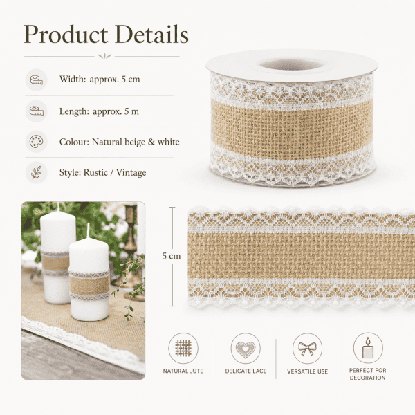 jute tape with lace, 5x500cm new price